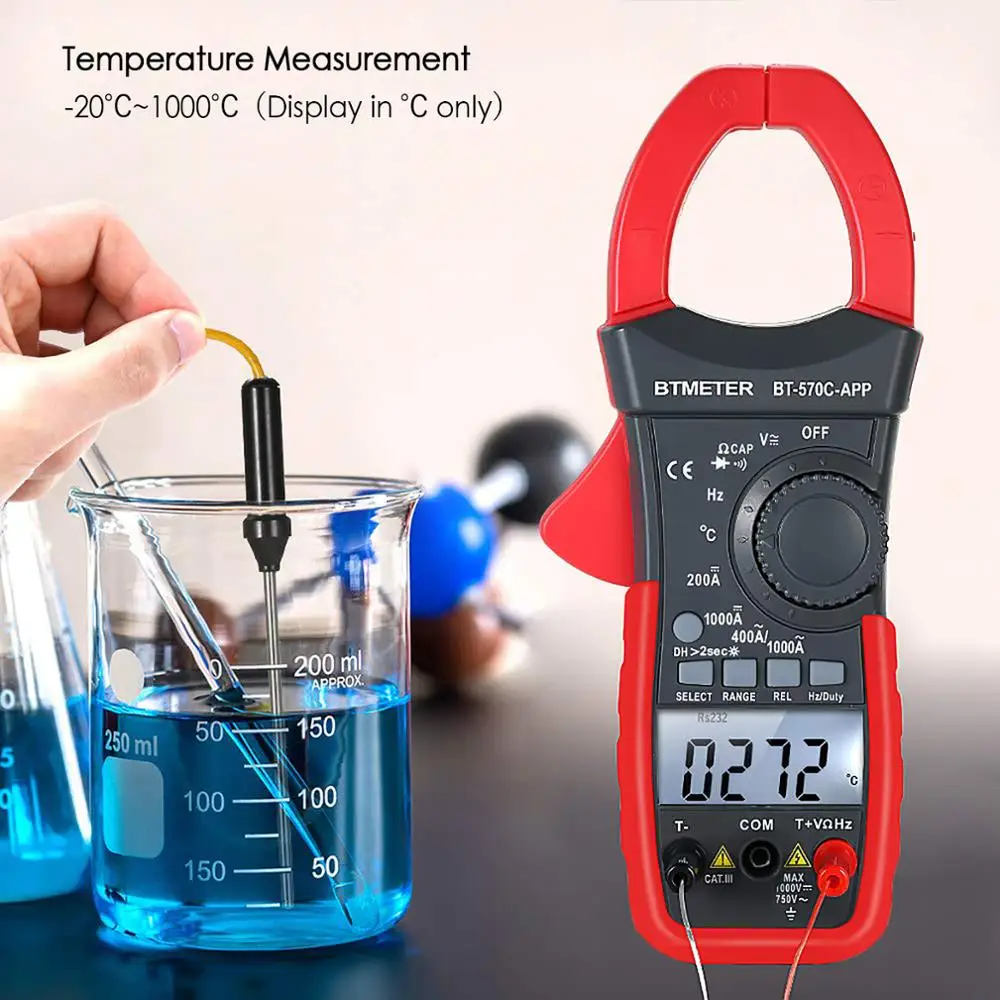 BT-570C-APP Multimètre à pince avancé-1000A Mesure AC/DC, tension multifonctionnelle et outil de test de température Cher 2nF ~ 100uF