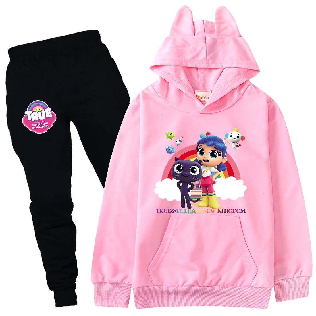 

Fashion Rainbow Kingdom Hoodie with Cute Cat Ear Kids Sweatshirts Pants 2pcs Suit Boys Halloween Clothes Toddler Girl Outfits