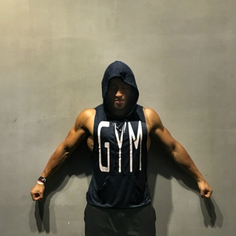 2021 Hot Mens Muscle Hoodies Fitness Bodybuilding Sleeveless Gym Tank Top Vest