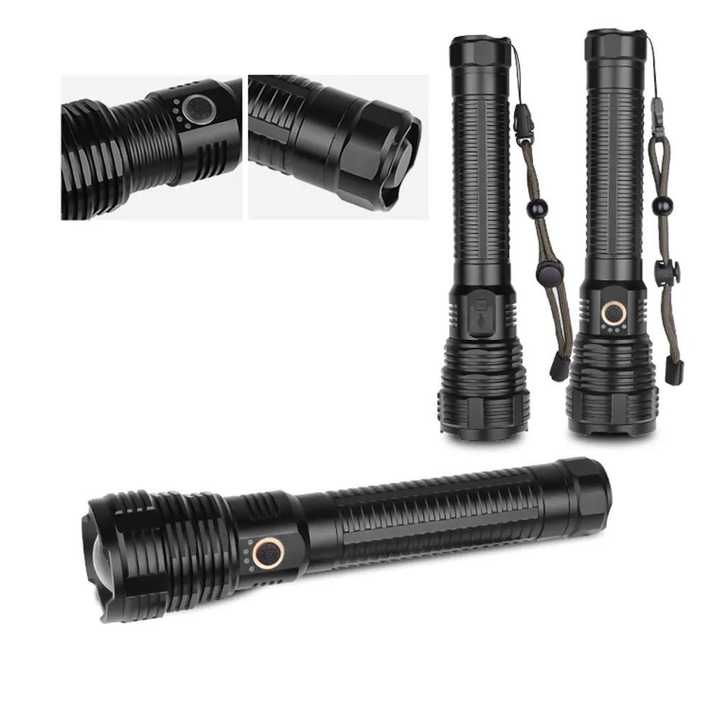 Lanterna LED ultra brilhante com contas de lâmpada LED XHP70.2, tocha à prova d'água com zoom, 5 modos de iluminação, carregamento USB multifuncional