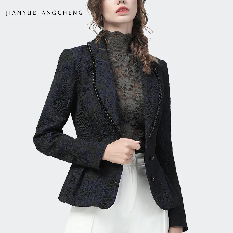 Ladylike Dark Blue Vintage Jacquard Blazer Women Elegant Slim Short Embroidery Beading Outwear Coat 2021 Autumn New Chic Tops