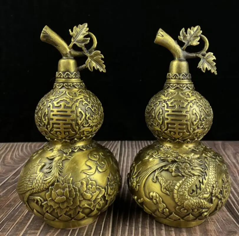 

China seiko brass dragon phoenix gourd crafts statue A pair