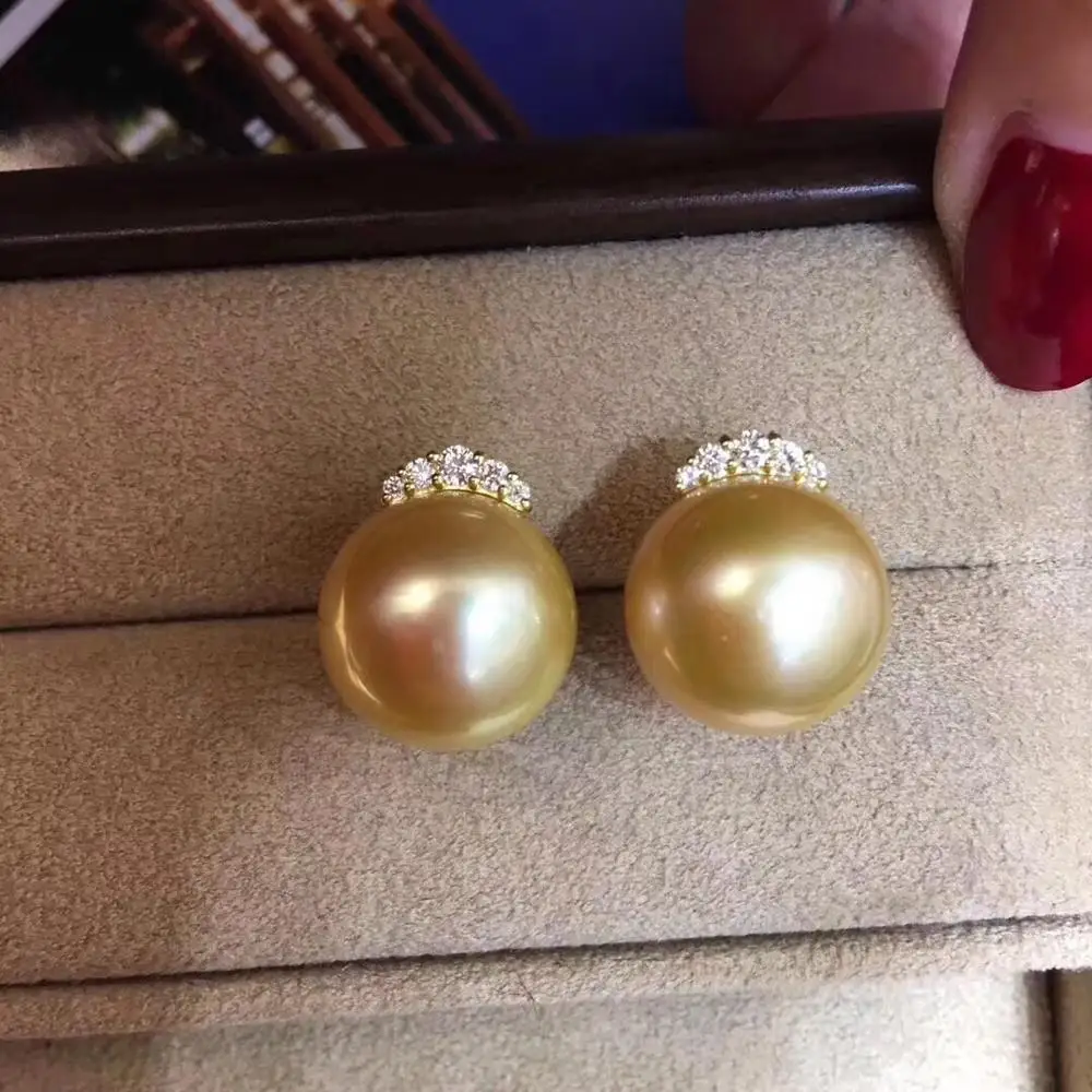 Fine Jewelry Pure 18 K Yellow Gold Natural Golden Ocean 10-9mm Round Pearl Earrings for Women Fine Pearl Earrings