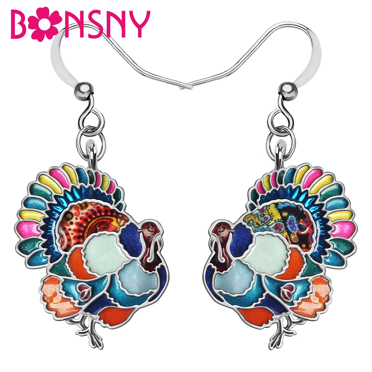 BONSNY Thanksgiving Enamel Alloy Floral Chicken Hen Cute Turkey Earrings Drop Dangle Fashion Jewelry For Women Girls Teens Gifts