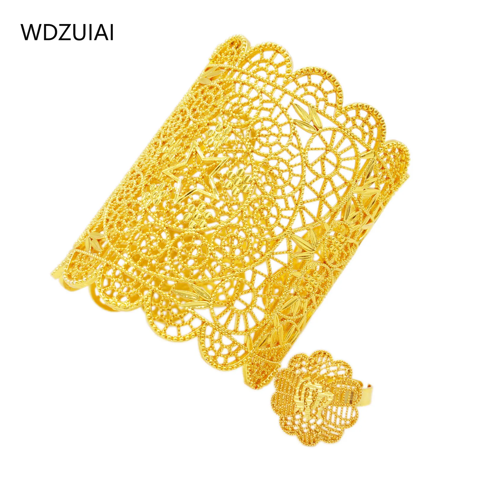 WDZUIAI 24K Gold Color Cuff Bangle&Ring Set New Trendy Women Bridal Wedding Party Jewelry Ethiopian/African/American Mom Gifts