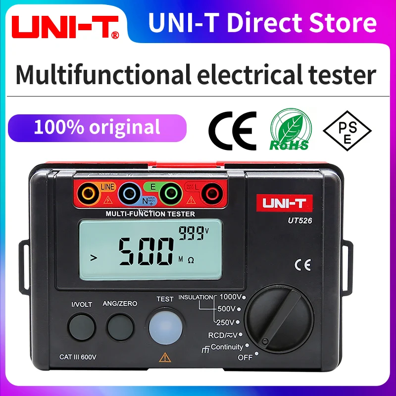 UNI-T Digital Electrical Meter Insulation Resistance Tester AC DC Voltmeter UT526 RCD Test / Low Resistance Continuity Measure