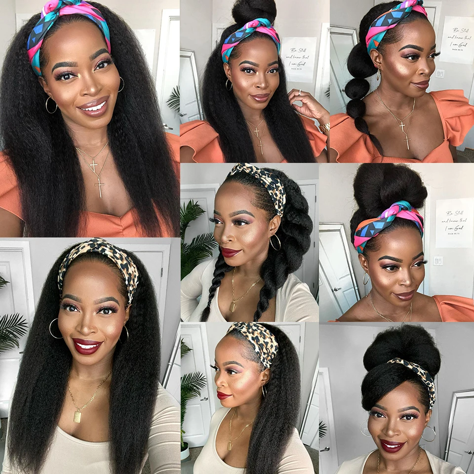 Aircabin Kinky Straight Headband Wig For Black Women Brazilian Hair Wig Yaki Straight HeadBand Wigs Human Hair Machine Made Wigs