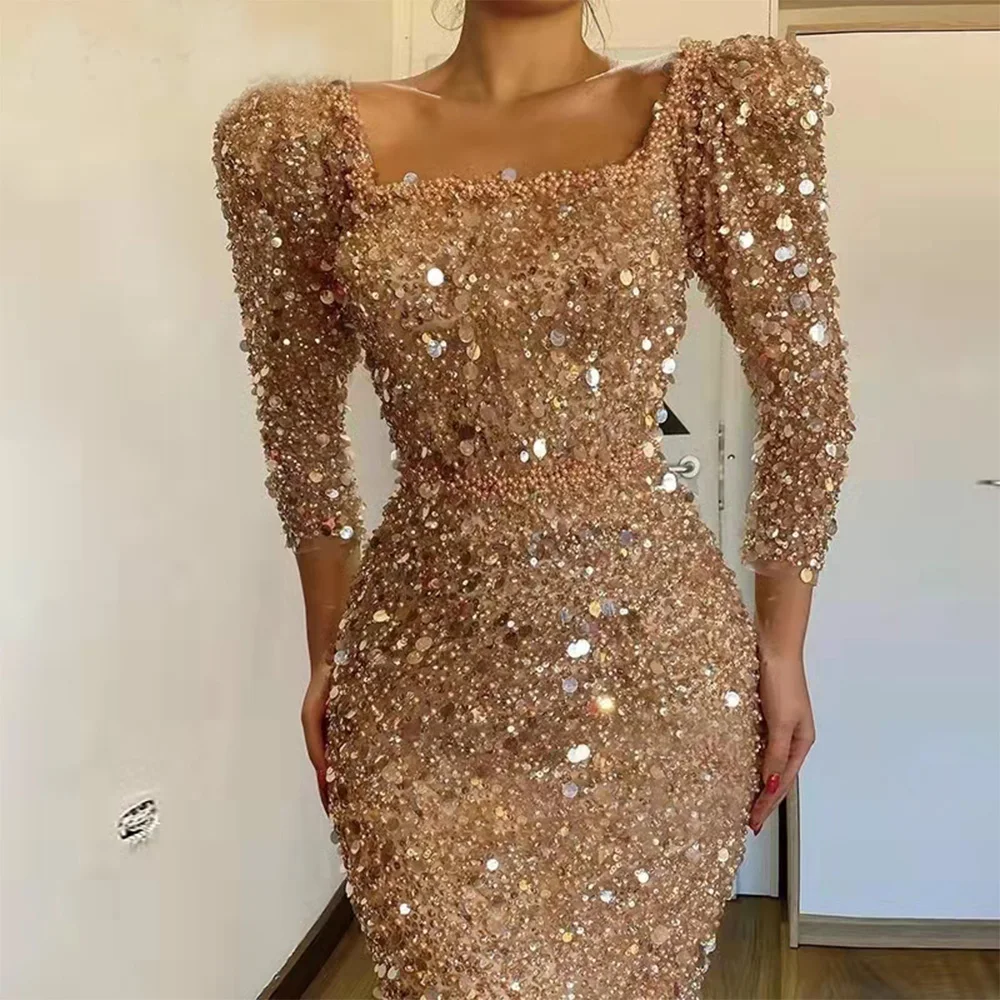 Eleganti abiti da sera a sirena con paillettes Champagne con perline scollo quadrato Sash abiti da ballo da donna maniche a 3/4 abito formale