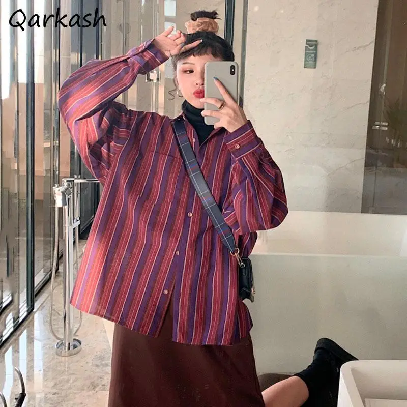 Shirts Women Spring All-match Striped Vintage Office Lady Leisure Elegant Turn Down Collar Stylish Tops Ulzzang Popular Trendy