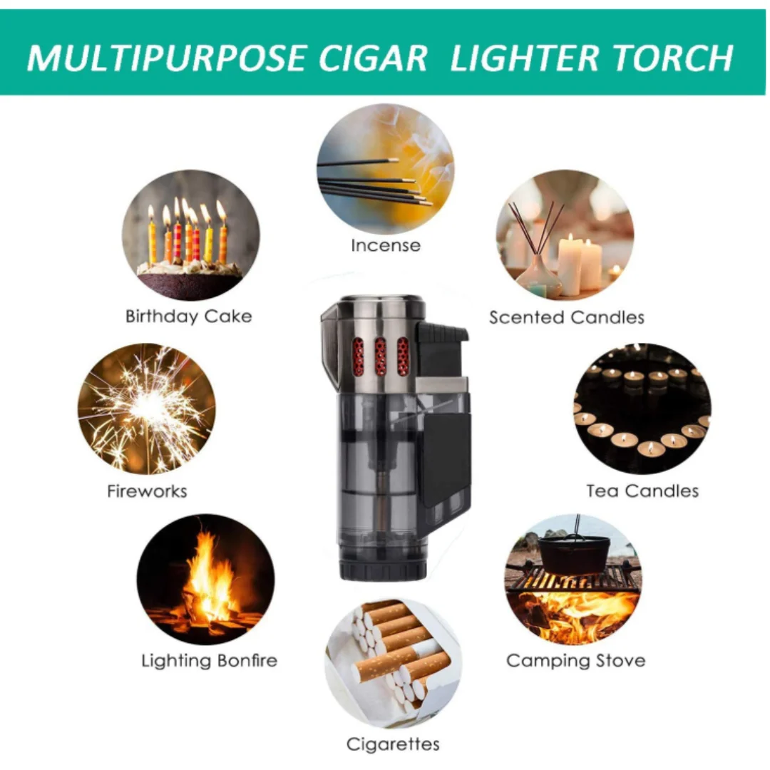 Torch Butane Cigarette Lighter, Triple Jet Flame Lighters with Visible Fuel Tank, Refillable Gas Lighters, Windproof