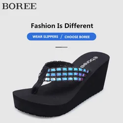 BOREE Woman Slippers 2022 Summer Hollow Out Breathable Beach Slipper Flip Flops EVA Blingbling Wedges Platform Slides Sandals