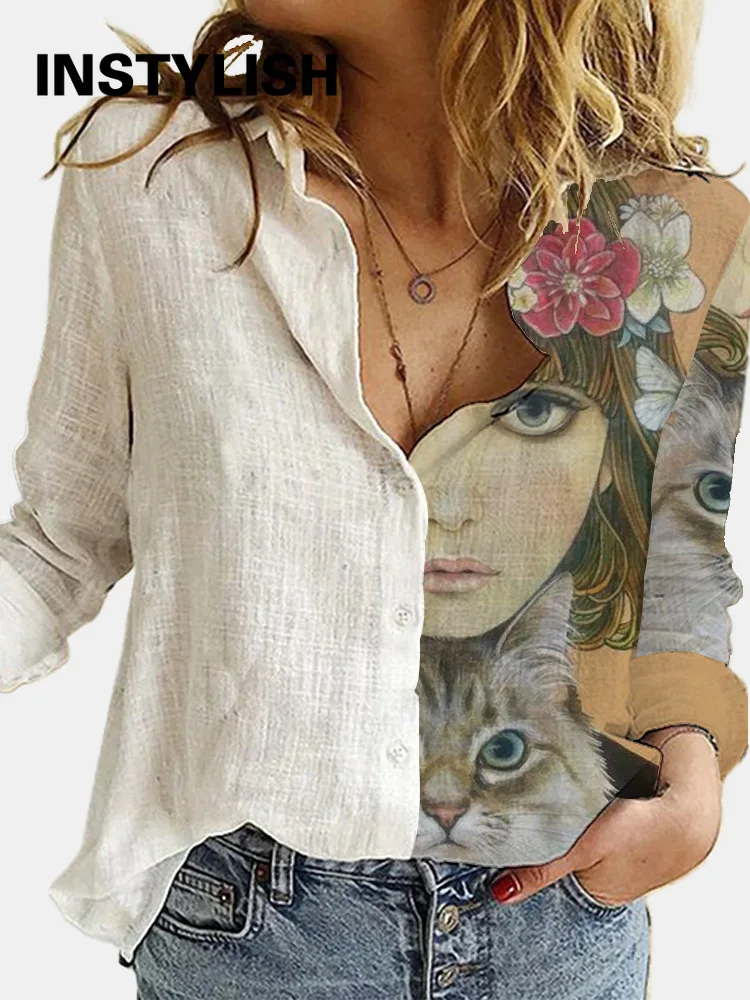 Elegant Cartoon Printing Patchwork Blouses and Shirts Casual Long Sleeve Loose Cotton and Linen Oversized Tops Casual Tunic 2XL