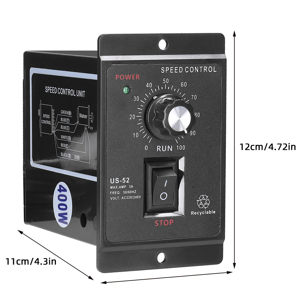 US-52 400W AC 220V 90-1400r/min 50Hz 90-1700r/min 60Hz Speed Controller AC Regulator Motor Control with Filter Capacitor