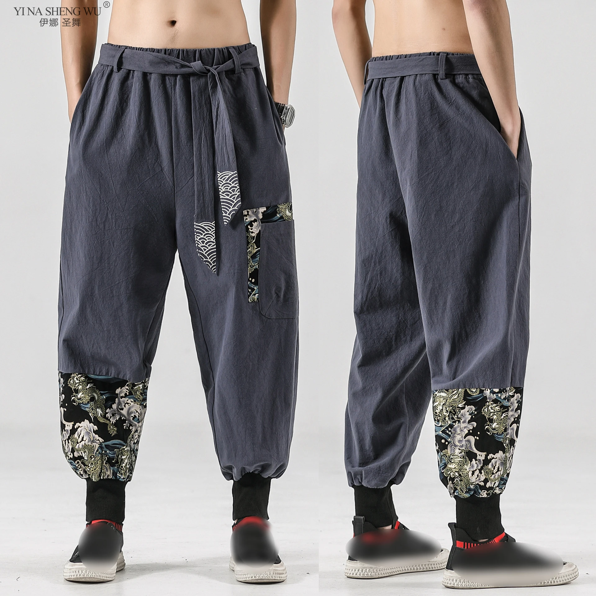 

Japanese Kimono Pants Men Cotton Linen Samurai Costume Embroidery Floral Retro Harem Pants Haori Baggy Trousers Harajuku Hip Hop