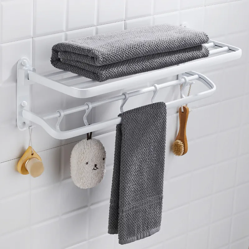 

Aluminum Bathroom Towel Rack White Baking Foldable Wall Mounted 60 cm Bath Towel Rack Holder With Hooks Towel Rail Towel Shelf