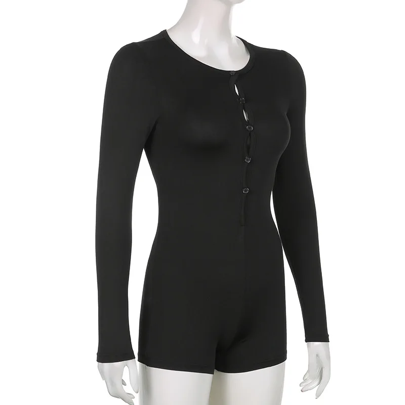 Body negro liso de manga larga para mujer, mono Sexy informal, ropa con pliegues, 2021