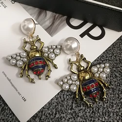 Luxury Red Crystal Bee Pearl Statement  Drop Dangle Earring For Women Jewelry