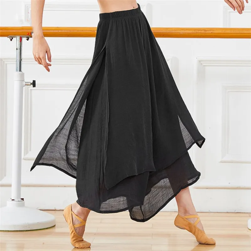 Chiński Folk taniec klasyczny spodnie do tańca kobiety luźne szerokie z szeroką nogawką 2 warstwy bajki ciała wierszyk Dancewear boczne rozcięcie Plus rozmiar