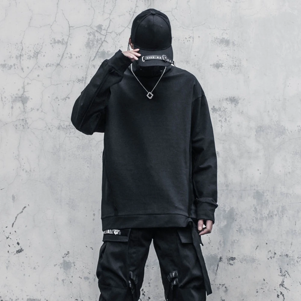 AOGZ Men Ribbons Soild Hoodies Sweatshirts Techwear Drak Long Sleeve Sweatshirt Pullover Tops 2022 Spring Hip Hop Streetwear