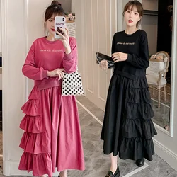 Spring Female Loose Casual O-Neck Long Sleeve Dress Women Minimalist Patchwork Sweatshirt Pleated Pullover Ruffles Dress