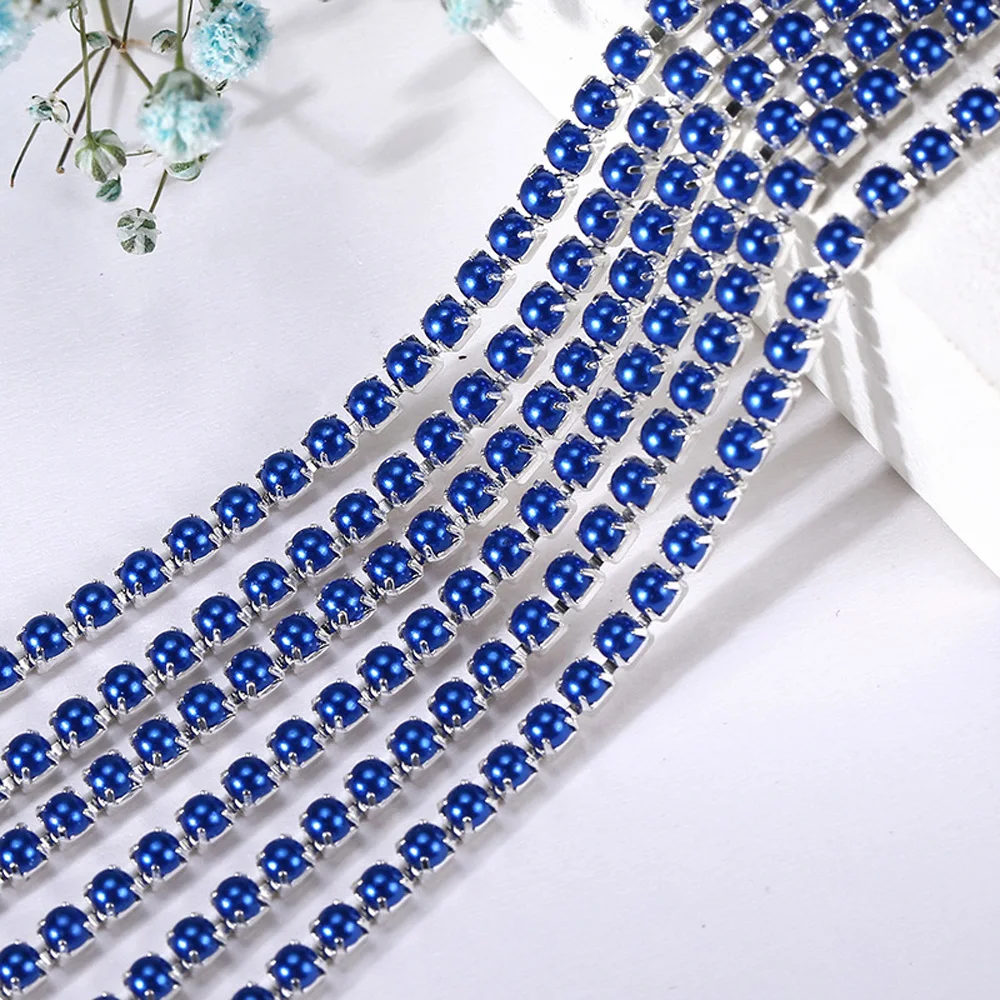 2mm 1M Colored Pearls High Density Pink Sew On Rhinestones Cup Chain Rhinestones Trim Silver Claw For Clothes Summer decoration