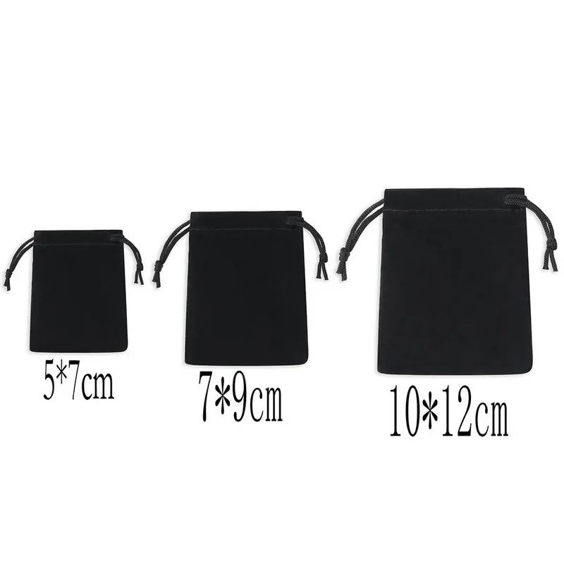 100 SZTUK / Dużo Aksamitna torba na kurz Czarne torby na prezenty do pakowania biżuterii Pasek na biżuterię Sznurek Bawełniana kieszeń na sznurku 10x12cm 7x9cm 5x7cm