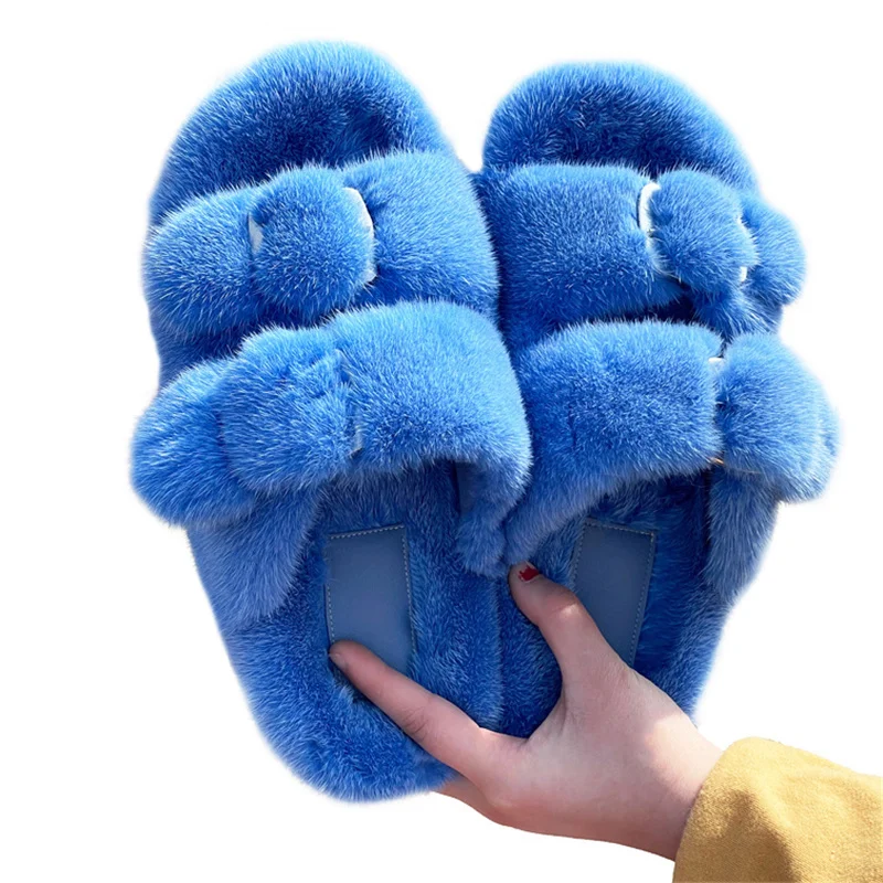 Slippers Ladies Summer Fluffy Mink Fur Slippers 100% Mink Fur Slippers Ladies Sandals 2021 Home Slippers Girls Outdoor Slippers