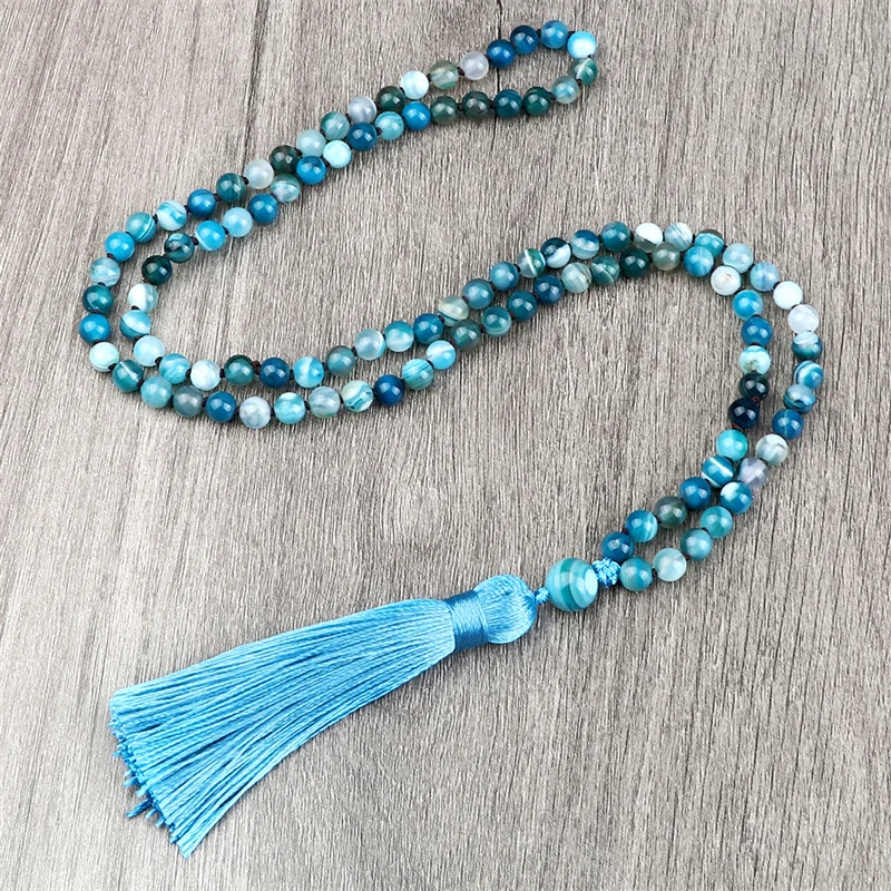 Natural 6mm Striped Agates Stone Necklace Prayer Buddha 108 Mala Beads Blue Tassel Bohemian Necklaces for Men Women Yoga Jewelry