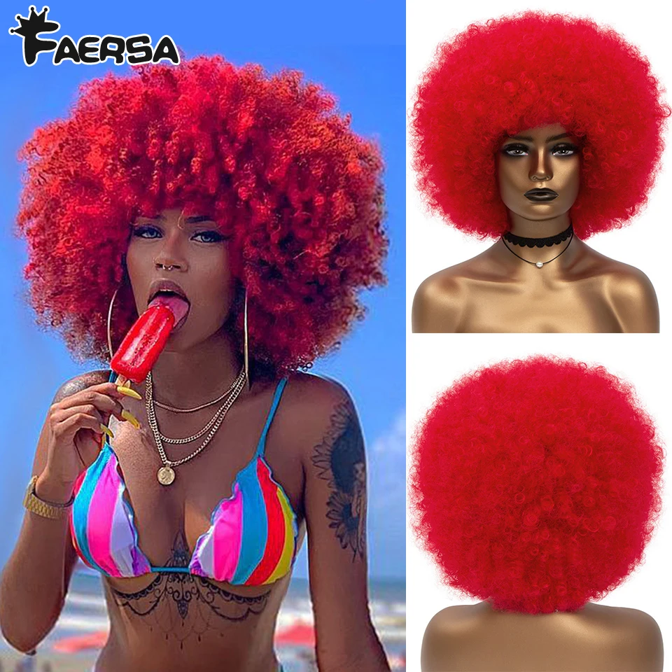 Short Hair Afro Kinky Curly Wigs With Bangs For Black Women African Synthetic Ombre Cosplay  Women Short Fluffy Wigs