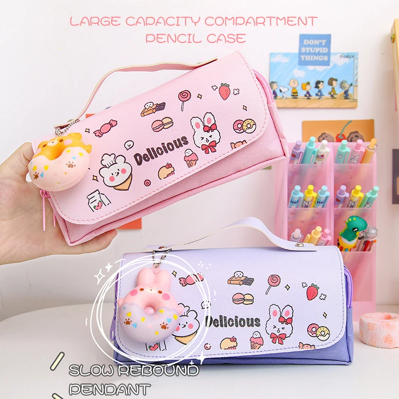 CHEN LIN 1Pcs Kawaii Cat Decompression Pencil Case Cartoon Large Capacity Double Layer Pen Bag Portable Stationery Box for Girls