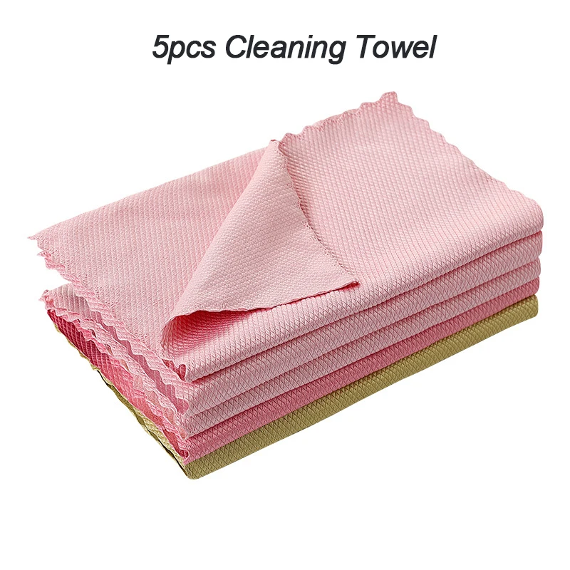 5Pcs Kitchen Cleaning Towel Anti-Grease Wiping Rags Absorbable Fish Scale Wipe Cloth Glass Window Dish Cleaning Cloth