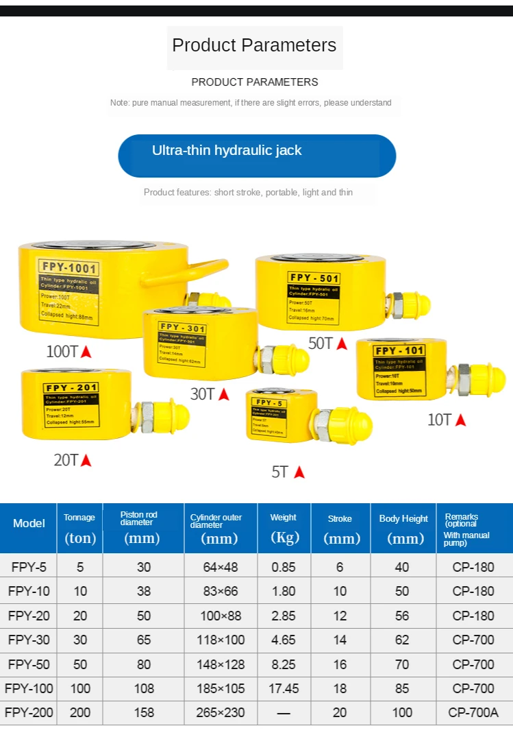 5T Ultra-thin Portable Hydraulic Lifting Jack Separate Hydraulic Booster Hydrocylinder Stroke 6MM