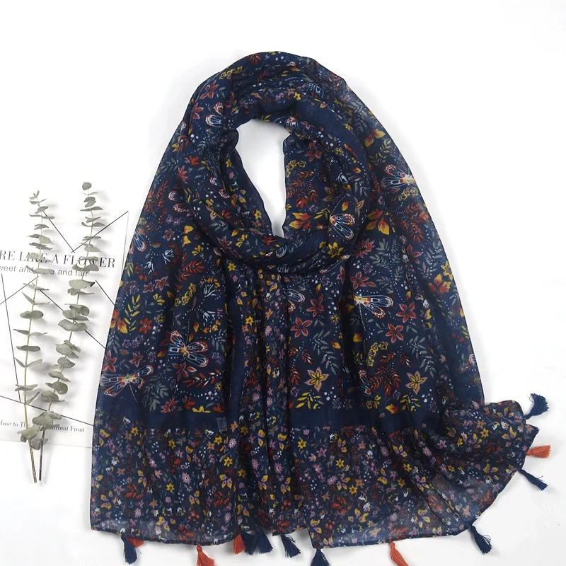 2021 Fashion Women Dragonfly  Print Tassel Scarf Shawls Long Soft Beach Flower Scarves Hijab Wrap