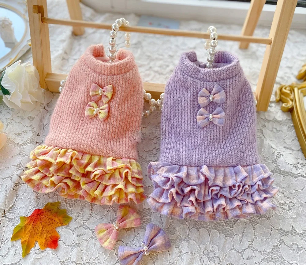 

Fresh Design Jumper Handmade Dog Clothes Pet Sweater Dress Cake Skirt Thick Lining Warm Winter Outerwear Yorkie Poodle Maltese