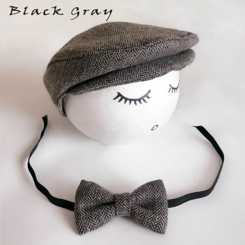 Cute Newborn Baby Peaked Beanie Cap Hat + Bow Tie Photo Photography Prop Infant Boy Caps