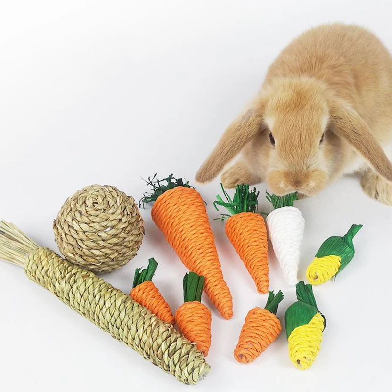 Criceto coniglio masticare giocattolo morso macinare denti giocattoli mais carota palle tessute per la pulizia dei denti ravanello giocattoli molari forniture per animali domestici