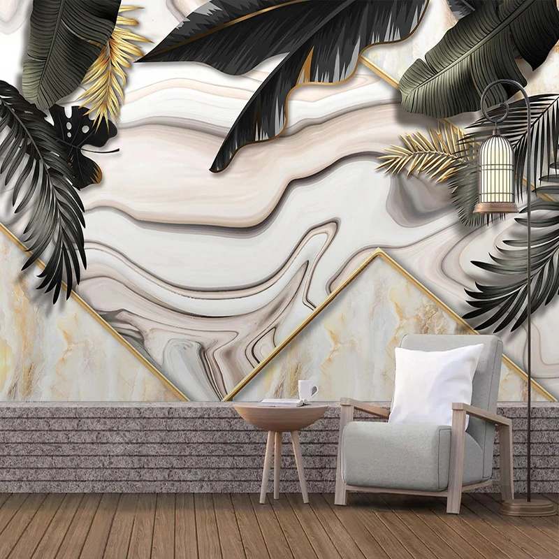 

Custom Mural Wallpaper Nordic Hand Painted 3D Tropical Plant Leaves Jazz White Marble Background Wall Painting Papel De Parede