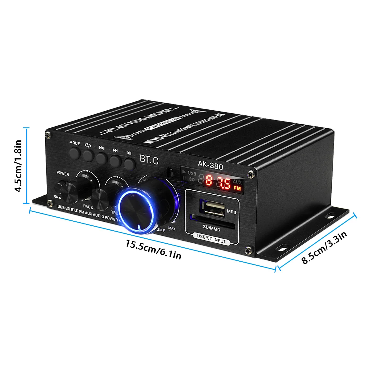 40W*2 Ak380 bluetooth 5.0 HiFi Power Amplifiers Stereo Home Car Audio 12V Digital Sound Amplifier BASS Music Player FM Radio