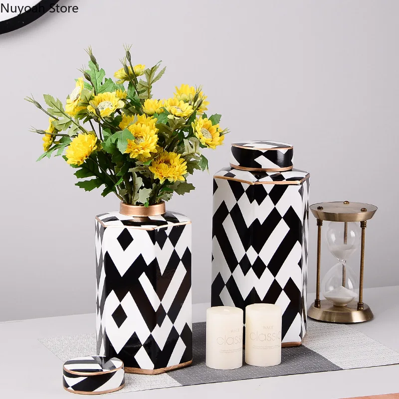 

Black and White Ceramic Storage Jar Living Room Dried Flower Flower Arrangement Accessories Creative Home Storage Jar Decoration