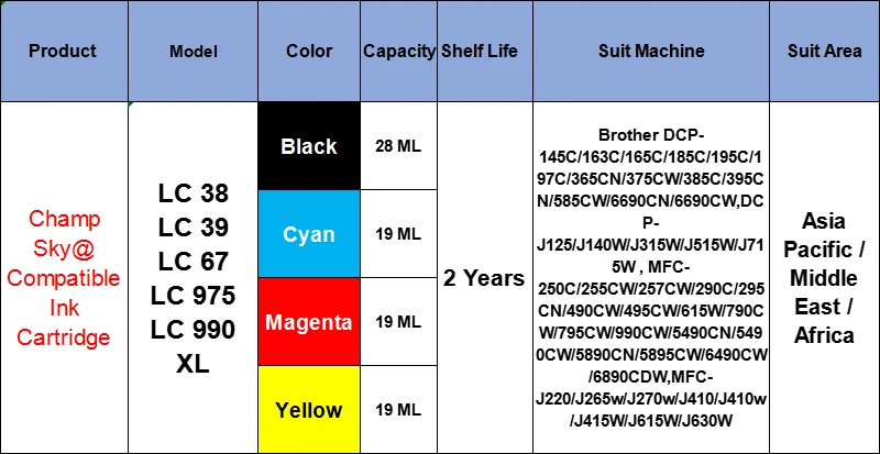 Ink Cartridge For LC975 LC990 LC38 LC39 LC67 XL ,For Brother DCP-J140W MFC-250C 255CW 257CW J270W 290C 490CN 490CW 495CN J615W