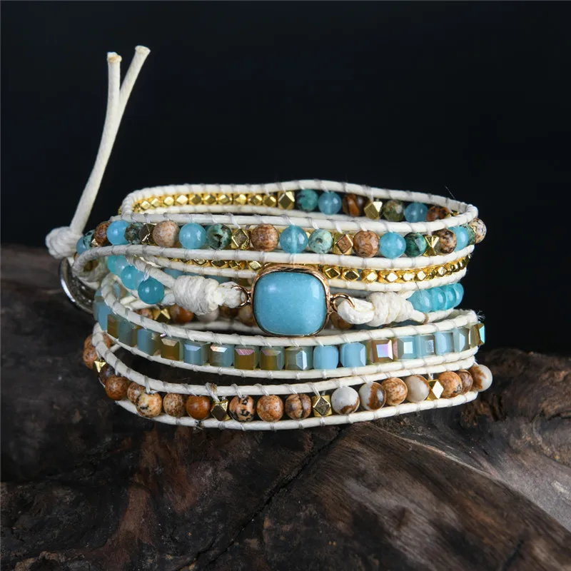 

Boho Vintage Bracelet Natural Stone Handmade Bracelet 5 Wrap Leather Bracelet Dropshipping