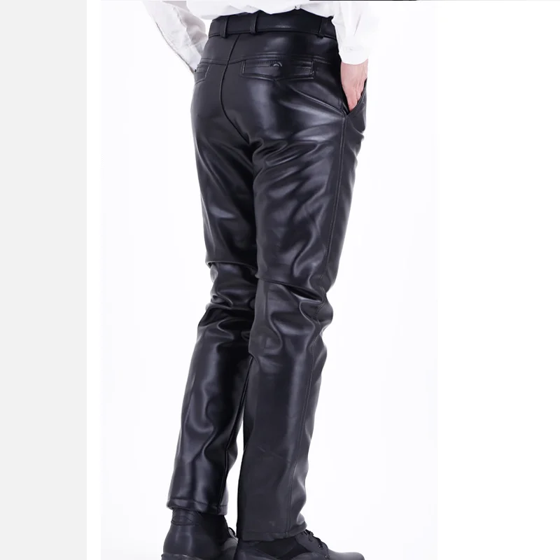 Men's PU Leather Straight Pants Winter Warm Elastic Lightweight Casual Trousers Male Regular Full Length Pants