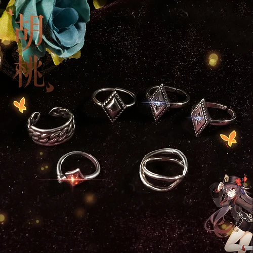 Genshin Auswirkungen Hutao Cosplay Spiel Zubehör Ringe Requisiten Bühne Immobilien Ring Set Schmuck Projekt Zeichen Requisiten Geschenk 6 stücke