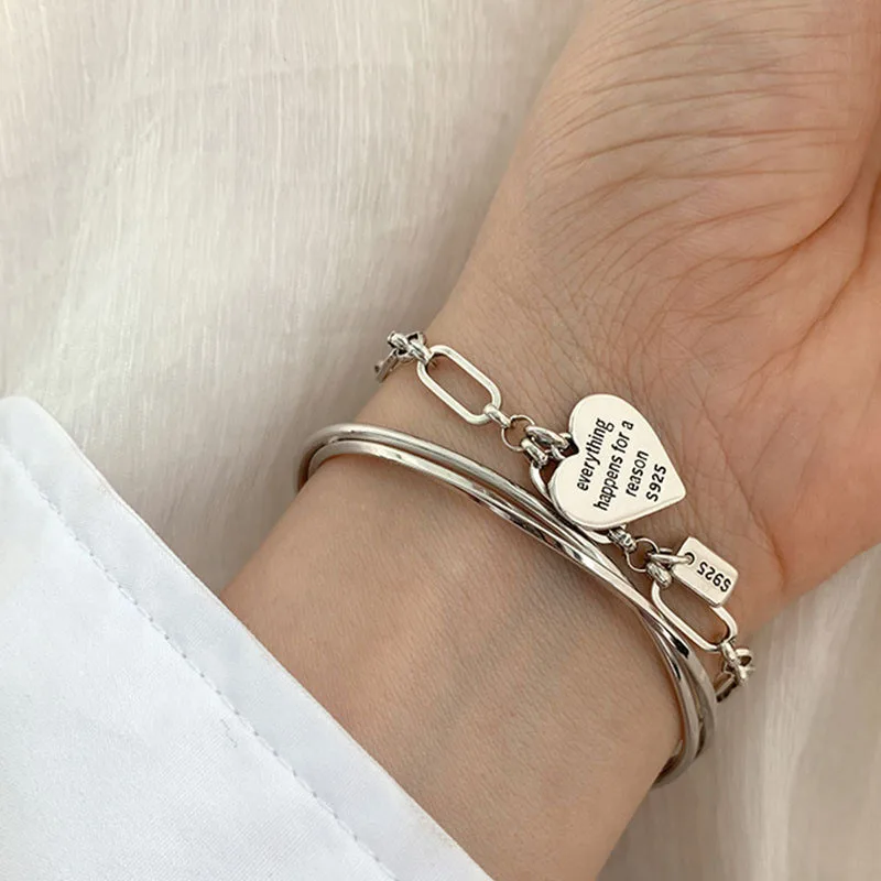 Minimalist 925 Sterling Silver LOVE Heart สร้อยข้อมือผู้หญิงใหม่แฟชั่น Vintage Handmade วันเกิด Party เครื่องประดับของขวัญ