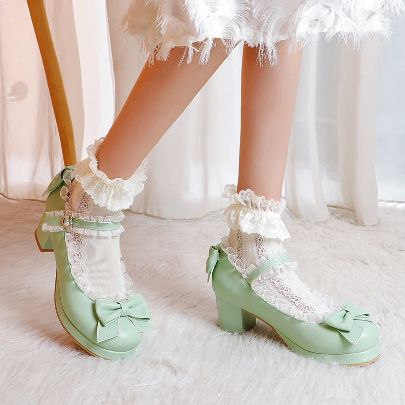 Lace Edge Lolita Shoes Women High Heels Non-Slip Straps Bow Cute Girls Princess Party Pumps Japan Students Cosplay Plus Size