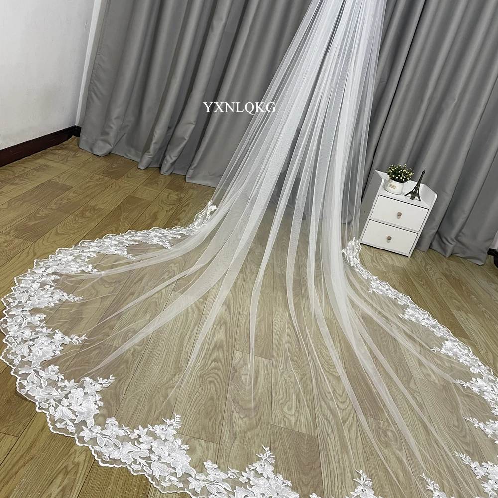 Feito sob encomenda Luxuoso 3 3M Véus De Noiva Com Borda Do Laço Applique Longo Catedral Uma Camada de Tule Véu de Noiva acessórios do casamento