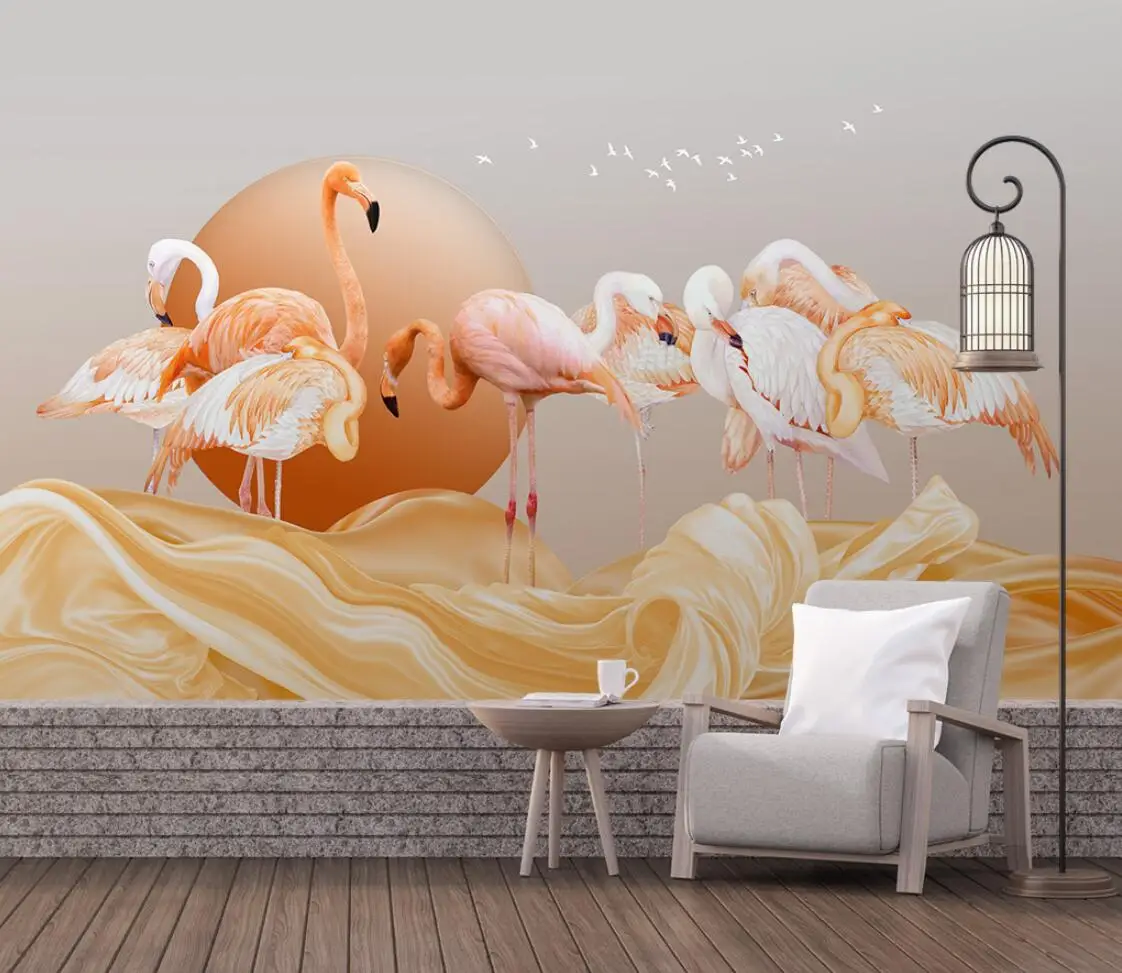 

Golden Ribbon Landscape Flamingo Background Wall Painting Custom Size Decorative Painting Living Room Bedroom 3d wallpaper mural