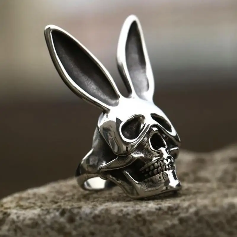 Retro Mens Ring Personality Funny Rabbit Ears Mask Skull Punk Hip Hop Rap Street Dance Jewelry