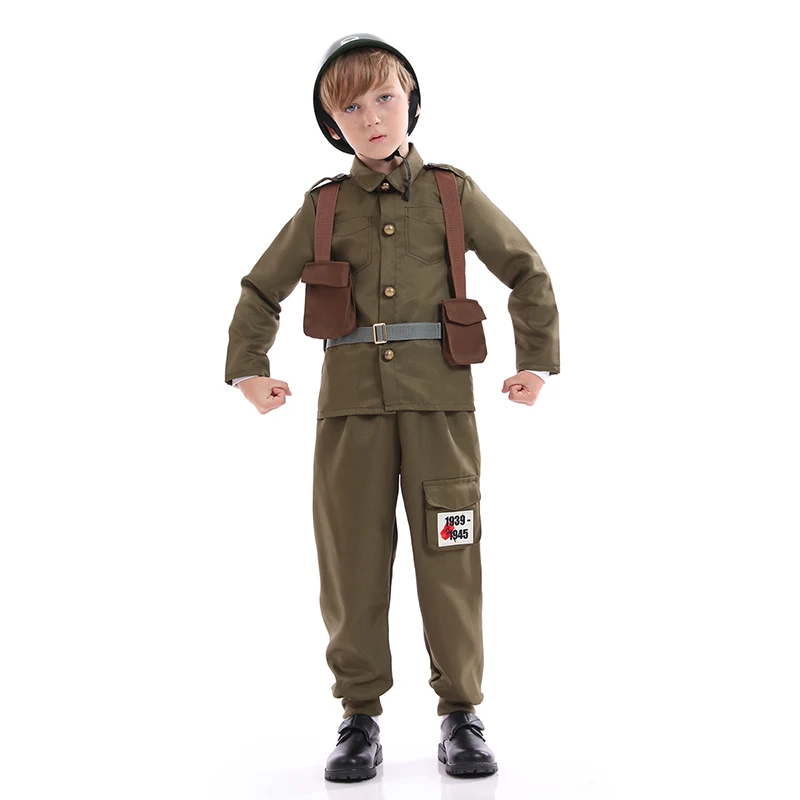 Armia żołnierz kostium dla dzieci chłopcy Unisex Halloween sukienka Cosplay Up armia wojskowy kostium ii wojny światowej mundur wojskowy garnitur z kapeluszem Khaki