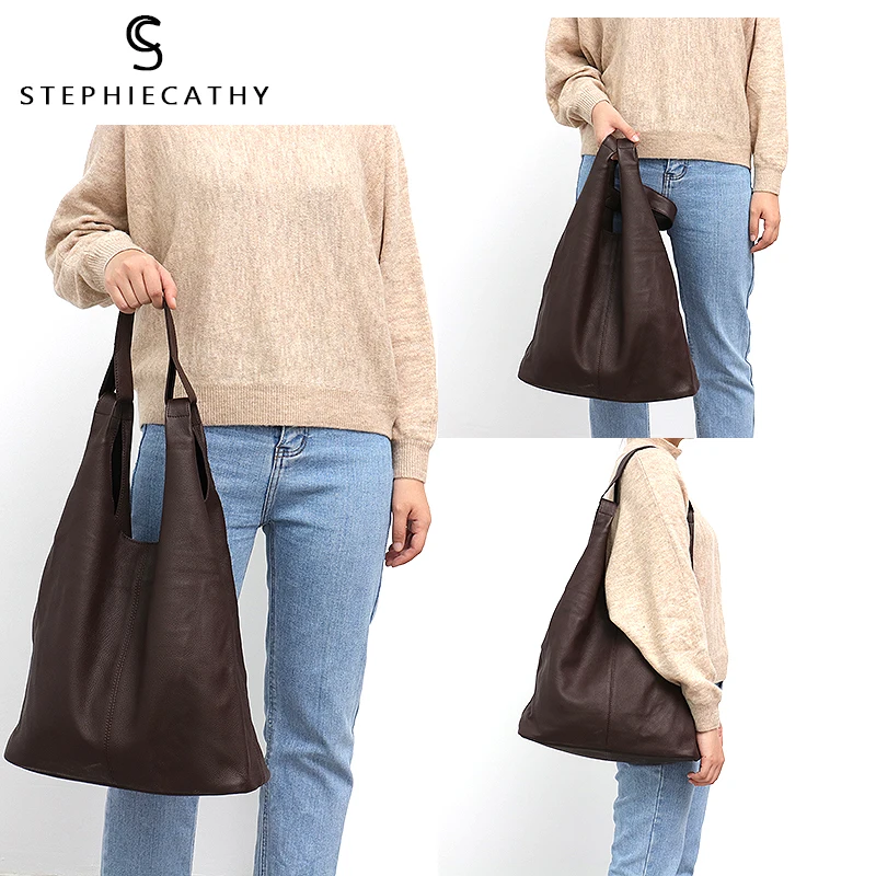 SC Large Bucket Genuine Leather Hand Carry Over Shoulder Hobo Bags Women Big Basket Soft Cow Skin Single Strap Casual Handbag